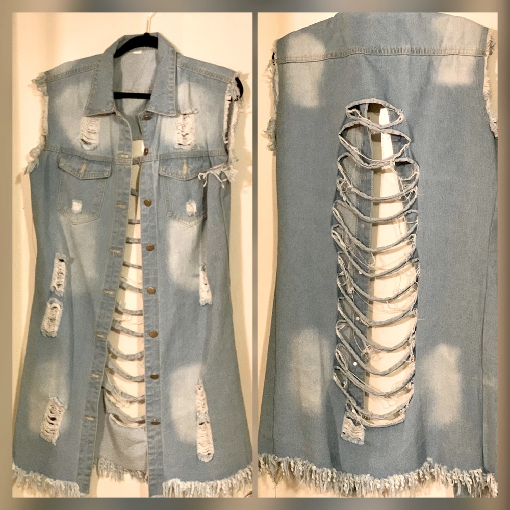 Long denim distressed vest